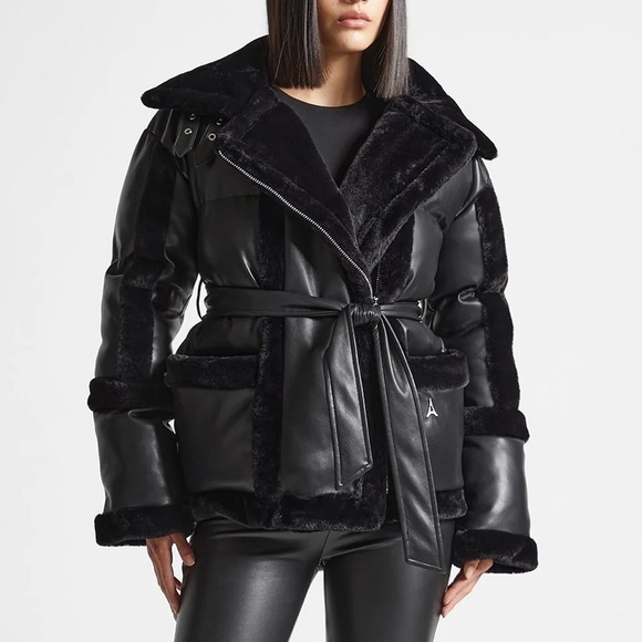 Manière De Voir coat VEGAN LEATHER AND PLUSH PUFFER BIKER JACKET - BLACK - US 8 - Picture 2 of 5